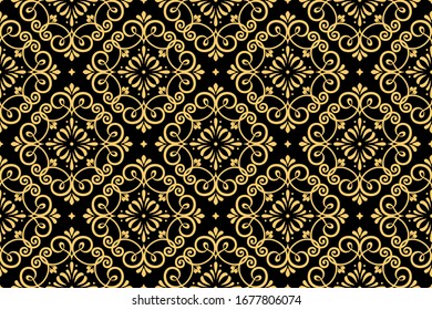 Wallpaper in the style of Baroque. Seamless vector background. Gold and black floral ornament. Graphic pattern for fabric, wallpaper, packaging. Ornate Damask flower ornament