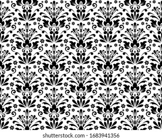 Papel de la pared al estilo barroco. Fondo vectorial transparente. El adorno floral blanco y negro. Patrón gráfico para tela, papel pintado, embalaje. Ornate Damask adorno de flores