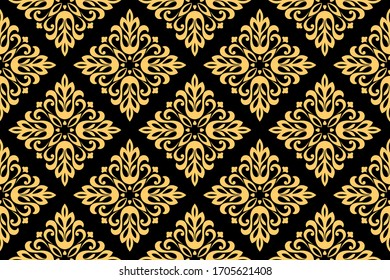 Wallpaper in the style of Baroque. Seamless vector background. Gold and black floral ornament. Graphic pattern for fabric, wallpaper, packaging. Ornate Damask flower ornament