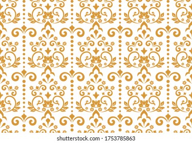 Wallpaper in the style of Baroque. Seamless vector background. White and gold floral ornament. Graphic pattern for fabric, wallpaper, packaging. Ornate Damask flower ornament