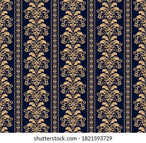 Papel de escritorio de estilo barroco. Fondo vectorial impecable. Ornamento floral dorado y azul oscuro. Patrón gráfico para tela, papel pintado, embalaje. Ornate Damask
