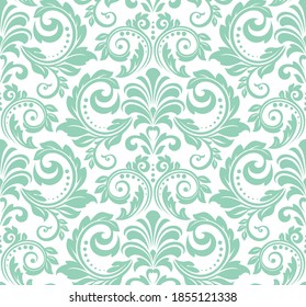 Papel de escritorio de estilo barroco. Fondo vectorial impecable. El adorno floral blanco y verde. Patrón gráfico para tela, papel pintado, embalaje. Ornate Damask