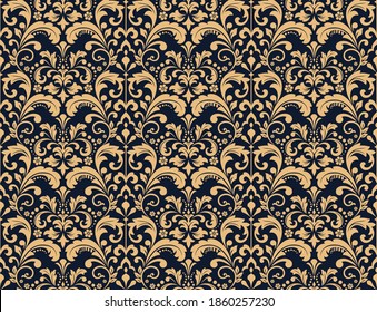 Wallpaper in the style of Baroque. Seamless vector background. Gold and dark blue floral ornament. Graphic pattern for fabric, wallpaper, packaging. Ornate Damask flower ornament