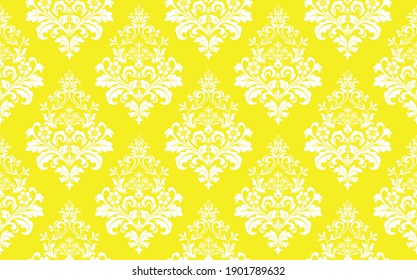 Wallpaper in the style of Baroque. Seamless vector background. White and yellow floral ornament. Graphic pattern for fabric, wallpaper, packaging. Ornate Damask flower ornament