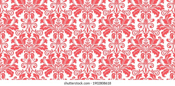 Wallpaper in the style of Baroque. Seamless vector background. White and pink floral ornament. Graphic pattern for fabric, wallpaper, packaging. Ornate Damask flower ornament
