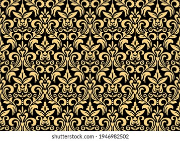 Wallpaper in the style of Baroque. Seamless vector background. Gold and dark blue floral ornament. Graphic pattern for fabric, wallpaper, packaging. Ornate Damask flower ornament