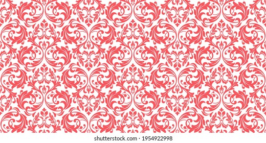 Wallpaper in the style of Baroque. Seamless vector background. White and pink floral ornament. Graphic pattern for fabric, wallpaper, packaging. Ornate Damask flower ornament