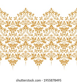 Wallpaper in the style of Baroque. Seamless vector background. White and gold floral ornament. Graphic pattern for fabric, wallpaper, packaging. Ornate Damask flower ornament