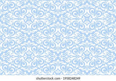 Wallpaper in the style of Baroque. Seamless vector background. White and blue floral ornament. Graphic pattern for fabric, wallpaper, packaging. Ornate Damask flower ornament