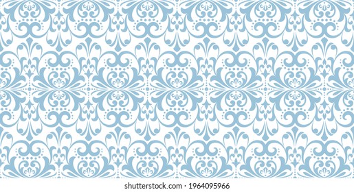 Wallpaper in the style of Baroque. Seamless vector background. White and blue floral ornament. Graphic pattern for fabric, wallpaper, packaging. Ornate Damask flower ornament