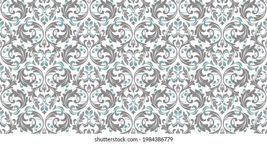 Wallpaper in the style of Baroque. Seamless vector background. Blue and gray floral ornament. Graphic pattern for fabric, wallpaper, packaging. Ornate Damask flower ornament