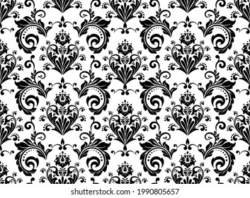 Papel de escritorio de estilo barroco. Fondo vectorial impecable. Ornamento floral blanco y negro. Patrón gráfico para tela, papel pintado, embalaje. Ornate Damask