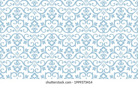 Tapete im Barockstil. Nahtloser Vektorhintergrund. Weiße und blaue Blumenschmuck. Grafisches Muster für Gewebe, Tapeten, Verpackung. Blütendekoration von Ornate Damast