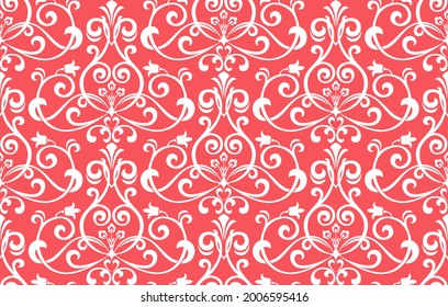 Papel de escritorio de estilo barroco. Fondo vectorial impecable. Ornamento floral blanco y rosa. Patrón gráfico para tela, papel pintado, embalaje. Ornate Damask
