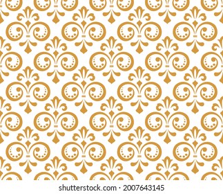 Wallpaper in the style of Baroque. Seamless vector background. White and gold floral ornament. Graphic pattern for fabric, wallpaper, packaging. Ornate Damask flower ornament