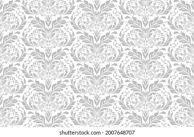 Wallpaper in the style of Baroque. Seamless vector background. White and gray floral ornament. Graphic pattern for fabric, wallpaper, packaging. Ornate Damask flower ornament.