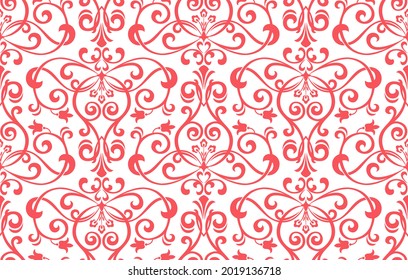 Wallpaper in the style of Baroque. Seamless vector background. White and pink floral ornament. Graphic pattern for fabric, wallpaper, packaging. Ornate Damask flower ornament