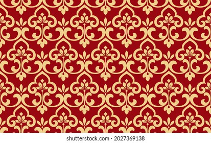 Wallpaper in the style of Baroque. Seamless vector background. Gold and red floral ornament. Graphic pattern for fabric, wallpaper, packaging. Ornate Damask flower ornament