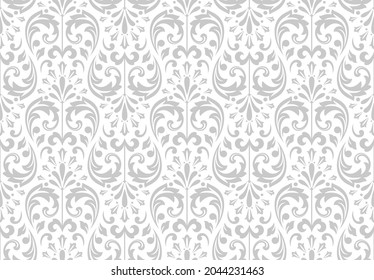 Papel de escritorio de estilo barroco. Fondo vectorial impecable. Ornamento floral blanco y gris. Patrón gráfico para tela, papel pintado, embalaje. Ornate Damask flor ornament.