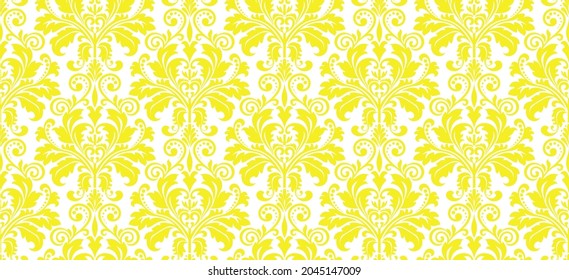 Wallpaper in the style of Baroque. Seamless vector background. White and yellow floral ornament. Graphic pattern for fabric, wallpaper, packaging. Ornate Damask flower ornament