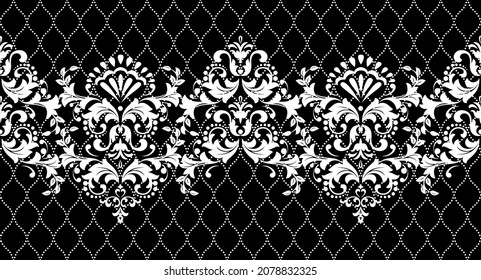 Papel de escritorio de estilo barroco. Fondo vectorial impecable. Ornamento floral blanco y negro. Patrón gráfico para tela, papel pintado, embalaje. Ornate Damask