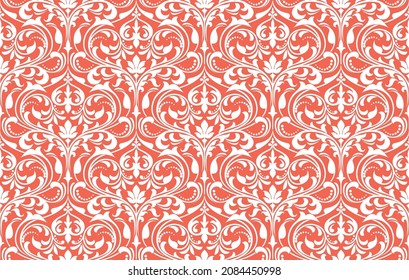 Wallpaper in the style of Baroque. Seamless vector background. White and pink floral ornament. Graphic pattern for fabric, wallpaper, packaging. Ornate Damask flower ornament