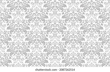 Tapete im Barockstil. Nahtloser Vektorhintergrund. Weiße und graue Blumenschmuck. Grafisches Muster für Gewebe, Tapeten, Verpackung. Blütendekoration der Damast.
