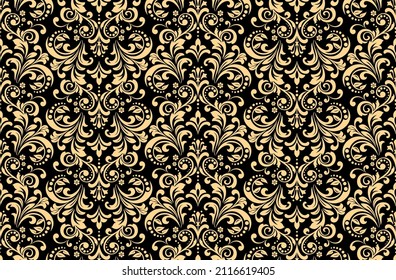 Wallpaper in the style of Baroque. Seamless vector background. Gold and black floral ornament. Graphic pattern for fabric, wallpaper, packaging. Ornate Damask flower ornament