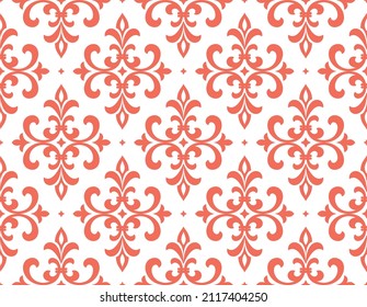 Wallpaper in the style of Baroque. Seamless vector background. White and pink floral ornament. Graphic pattern for fabric, wallpaper, packaging. Ornate Damask flower ornament
