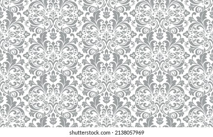 Wallpaper in the style of Baroque. Seamless vector background. White and gray floral ornament. Graphic pattern for fabric, wallpaper, packaging. Ornate Damask flower ornament.