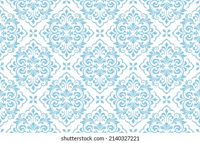 Wallpaper in the style of Baroque. Seamless vector background. White and blue floral ornament. Graphic pattern for fabric, wallpaper, packaging. Ornate Damask flower ornament