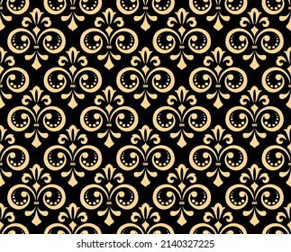 Wallpaper in the style of Baroque. Seamless vector background. Gold and black floral ornament. Graphic pattern for fabric, wallpaper, packaging. Ornate Damask flower ornament