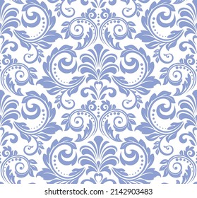Papel de escritorio de estilo barroco. Fondo vectorial impecable. Ornamento floral blanco y azul. Patrón gráfico para tela, papel pintado, embalaje. Ornate Damask