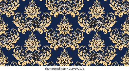 Wallpaper in the style of Baroque. Seamless vector background. Gold and dark blue floral ornament. Graphic pattern for fabric, wallpaper, packaging. Ornate Damask flower ornament