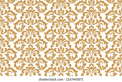 Wallpaper in the style of Baroque. Seamless vector background. White and gold floral ornament. Graphic pattern for fabric, wallpaper, packaging. Ornate Damask flower ornament