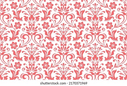 Tapete im Barockstil. Nahtloser Vektorhintergrund. Weiße und rosafarbene Blumenschmuck. Grafisches Muster für Gewebe, Tapeten, Verpackung. Blütendekoration von Ornate Damast