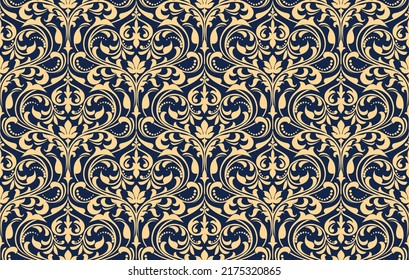 Wallpaper in the style of Baroque. Seamless vector background. Gold and dark blue floral ornament. Graphic pattern for fabric, wallpaper, packaging. Ornate Damask flower ornament