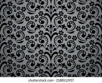 Papel de escritorio de estilo barroco. Fondo vectorial impecable. Ornamento floral negro y gris. Patrón gráfico para tela, papel pintado, embalaje. Ornate Damask