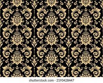 Wallpaper in the style of Baroque. Seamless vector background. Gold and black floral ornament. Graphic pattern for fabric, wallpaper, packaging. Ornate Damask flower ornament