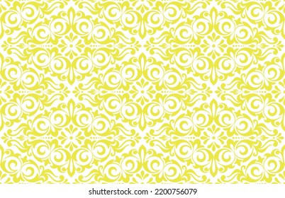 Wallpaper In The Style Of Baroque. Seamless Vector Background. White And Yellow Floral Ornament. Graphic Pattern For Fabric, Wallpaper, Packaging. Ornate Damask Flower Ornament