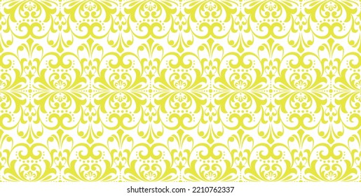 Wallpaper in the style of Baroque. Seamless vector background. White and yellow floral ornament. Graphic pattern for fabric, wallpaper, packaging. Ornate Damask flower ornament