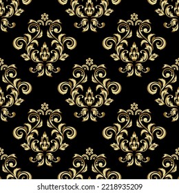 Wallpaper in the style of Baroque. Seamless vector background. Gold and black floral ornament. Graphic pattern for fabric, wallpaper, packaging. Ornate Damask flower ornament