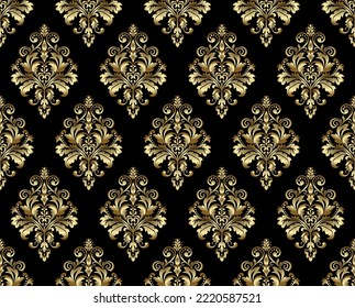 Wallpaper in the style of Baroque. Seamless vector background. Gold and black floral ornament. Graphic pattern for fabric, wallpaper, packaging. Ornate Damask flower ornament