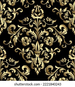 Wallpaper in the style of Baroque. Seamless vector background. Gold and black floral ornament. Graphic pattern for fabric, wallpaper, packaging. Ornate Damask flower ornament
