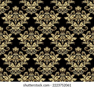 Wallpaper in the style of Baroque. Seamless vector background. Gold and black floral ornament. Graphic pattern for fabric, wallpaper, packaging. Ornate Damask flower ornament