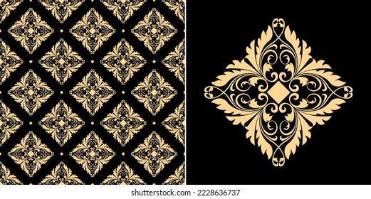 Wallpaper in the style of Baroque. Seamless vector background. Gold and black floral ornament. Graphic pattern for fabric, wallpaper, packaging. Ornate Damask flower ornament