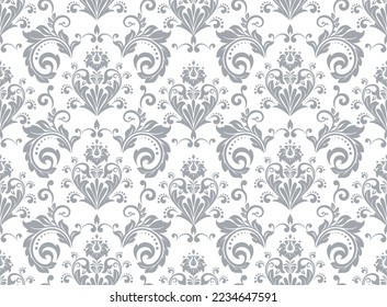 Fond d'écran dans le style baroque. Arrière-plan vectoriel harmonieux. Un ornement floral blanc et gris. Motif graphique pour tissu, fond d'écran, emballage. Ornat de fleurs Damas.