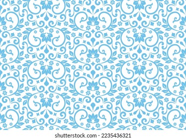 Wallpaper in the style of Baroque. Seamless vector background. White and blue floral ornament. Graphic pattern for fabric, wallpaper, packaging. Ornate Damask flower ornament