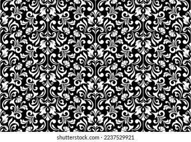 Wallpaper in the style of Baroque. Seamless vector background. White and black floral ornament. Graphic pattern for fabric, wallpaper, packaging. Ornate Damask flower ornament