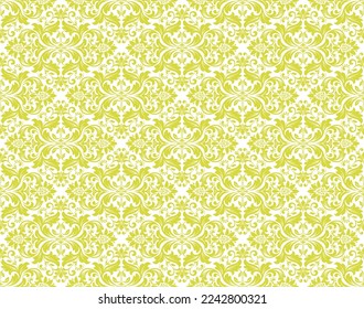 Papel de escritorio de estilo barroco. Fondo vectorial impecable. Ornamento floral blanco y amarillo. Patrón gráfico para tela, papel pintado, embalaje. Ornate Damask